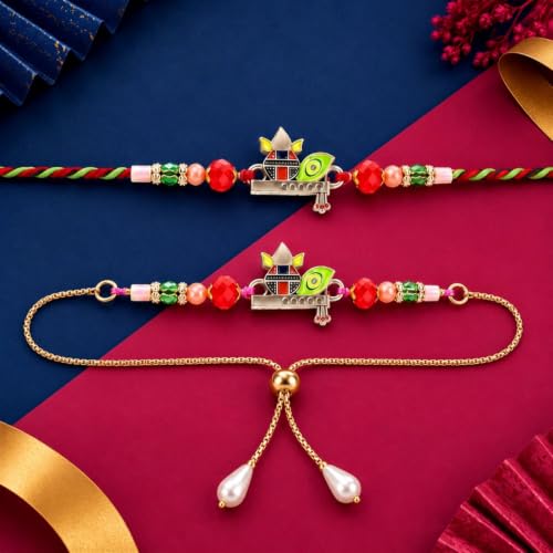 Image of DeoDap Rakhi with Chocolate for Bhai & Bhabhi - Stylish Rakhi for Bhai & Lumba for Bhabhi with Almond Chocolate, Silver Color Coin, Tilak Set & Greeting Card, Raksha Bandhan Combo Pack (K1 X53 CA32)