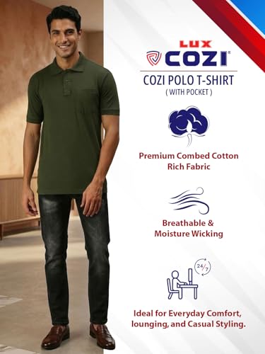 Image of Lux Cozi Men's Polo T-Shirt Regular Fit Half Sleeves with Pocket | Cotton Blend Polo Neck Collar T-Shirt for Men | Casual, Office Comfortable Breathable T-Shirt | Stylish Plain Tee