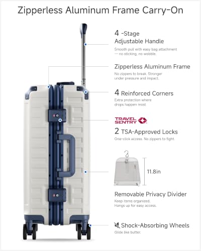 Image of LUGGEX Carry On Zipperless Suitcase, Aluminum, White & Navy, 20 inch | Carry On Luggage, 100% PC Hard Shell, 8010S Aluminum Frame, 8 Spinner Wheels, TSA Lock, Hard Shell, ZX-Core