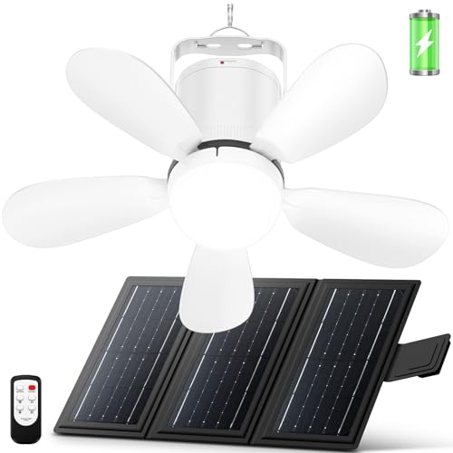 ZIZIWIN Solar Ceiling Fan Light, Foldable Solar Panel Portable Gazebo Fan with Remote, Wireless Battery Operated Ceiling Fan Light Outdoor, for Camping RVs Tent Patio Canopy Chicken Coop Outside