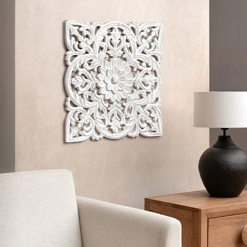Image of JFY Designs Blaze Hand Carved Wood Medallion Wall Panels Bedroom Decor | Wall Mount Floral Sculpture Wall Art for Living Room, Bedroom Set, White Distressed Finish, Square 24 x 24 inch