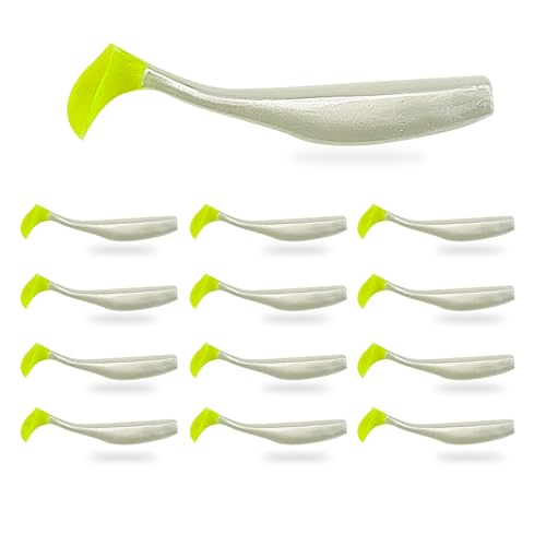 Fish On Tackle 4' Soft Plastic Paddle Tail Swimbait Pack of 12 - Pearl White with Electric Green Tail