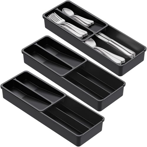 Lifewit 3 bandejas compactas para cubiertos, 42 x 14,5 x 6 cm, para cajones, 4 compartimentos, cesta para cubiertos, cajón de cubiertos, organizador de cubiertos de cocina, para cucharas, tenedores,