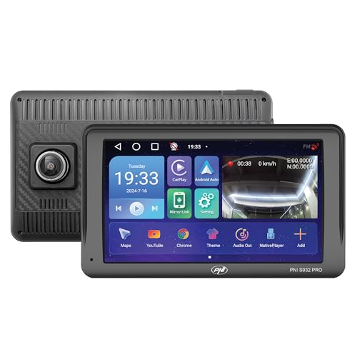 Sistema de navegación GPS con DVR PNI S932 Pro Integrado de 7 Pulgadas, 32 GB de Memoria, 2 GB de RAM DDR3, Android 13, transmisor FM, Enlace Espejo, Apple Carplay y Android Auto, cámara de visión