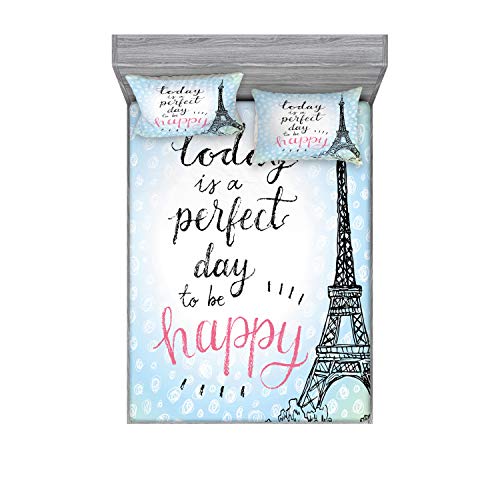 Ambesonne Eiffel Tower Fitted Sheet & Pillow Sham Set, Perfect Day Eiffel Tower Polka Dot Handwriting Typography Sketch Paris Print, Decorative Printed 3 Piece Bedding Decor Set, Queen, Black Blue
