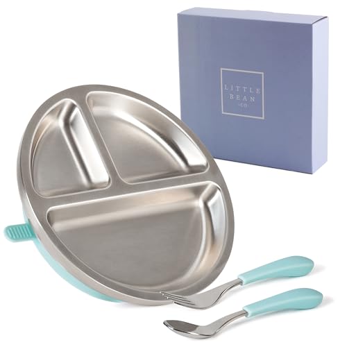 Image of Stainless Steel Baby Suction Plate Bundle - Toddler Plate Set with Self Feeding Baby Utensils, Toddler Fork & Spoon - Make Meals Fun & Stop Spills with Our Stainless Steel Plates for Kids - Light Blue