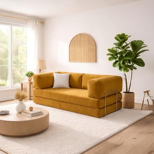 Image of Torque Vegas Three Seater Sofa Cum Bed for Sleeping-Yellow | Premium Suede Fabric 3-Seater Double Foam Fold Out Sofas Bed | Convertible 3-in-1 Sofa Cuma Bed for Office