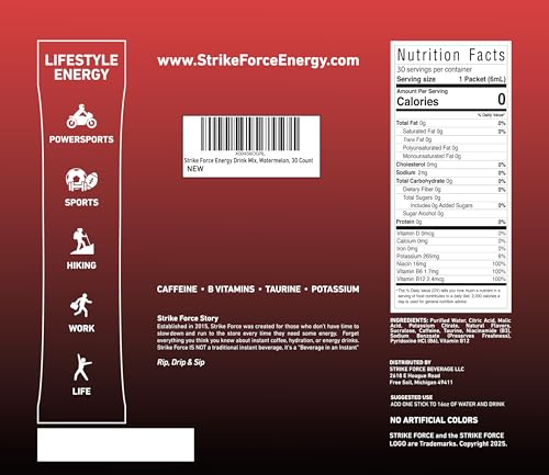 Image of Strike Force Energy Drink Mix - Watermelon Flavor - Natural Tasting Caffeine Drink - Turn Any Drink into a Healthy Energy Drink - Zero Calories, Keto Friendly, Sugar Free, Pre Workout (30 Liquid Packs)