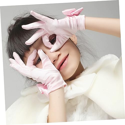 Healifty Flower Girl Lace Gloves Short Mesh with Bowknot for Wedding and Party Elegant Pink Dress Up Gloves for Baptism Prom Easter Costume3