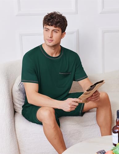 Image of Ekouaer Men's Pajamas Set Casual Short Sleeve Shirts and Shorts Soft 2 Piece Loungewear With Pockets