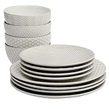 Gibson Elite Oyster Tide - Juego de vajilla de cerámica de cerámica de cerámica con esmalte reactivo, color blanco