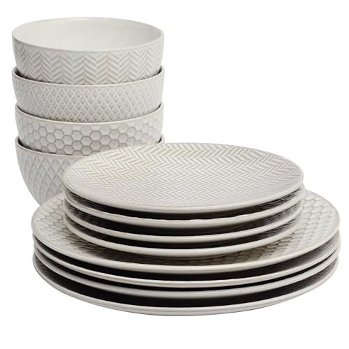 Gibson Elite Oyster Tide Embossed 12 Piece (Service for 4) Plates and Bowls Reactive Glaze Round Dishes Stoneware Ceramic Dinnerware Set, White Gibson Elite Oyster Tide Embossed 12 Piece (Service for 4) Plates and Bowls Reactive Glaze Round Dishes Stoneware Ceramic Dinnerware Set, White