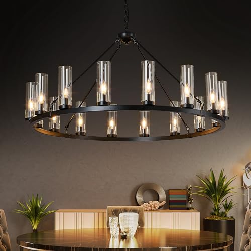 Image of 16 Light Large Wagon Wheel Chandelier with Clear Glass Shade Black Round Pendant Light Farmhouse Industrial Chandeliers Dining Room Light Fixture for Stair Living Room Foyer Kitchen