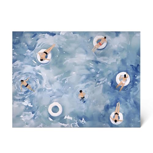 Tiny People Swimming At Pool-Retro Summer Theme Canvas Wall
