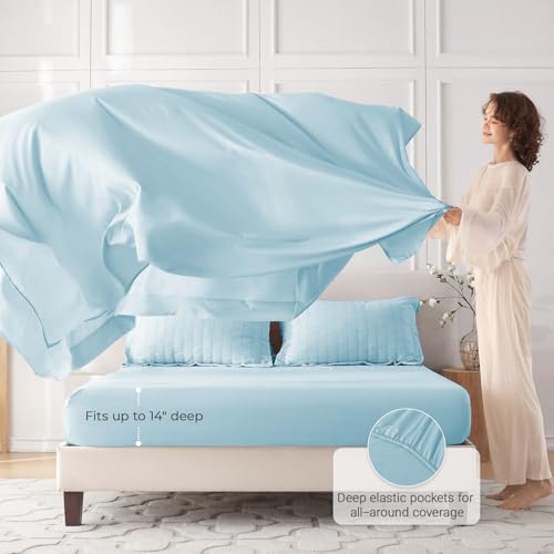 Image of MUXHOMO 7 Pieces Oversized Queen Comforter Set, Seersucker Bed in a Bag Oversized Queen Size, All Season Luxury Bedding Set with Comforter, Flat Sheet, Fitted Sheet, Pillowcases & Shams, Lake Blue