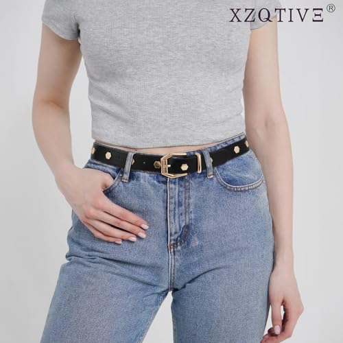 XZQTIVE Women's Leather Belt with Gold Hexagon Studs, Fashion Punk Style3