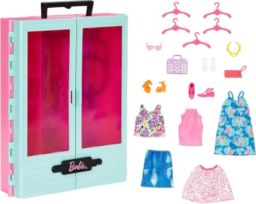 Barbie Closet Playset with 3 Outfits 3 Pairs of Shoes 2 Purses Necklace and Sunglasses Accessories 5 Hangars Gift for 3 to 8 Years Old