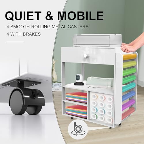 Image of Craft Cart and Organizer Table, Rolling Craft Organizers and Storage with Vinyl Roll Holder, Mobile Crafting Cabinet Workstation, Storage Cart Compatible with Cricut Machine for Craft Room