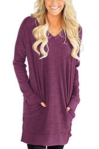 XUERRY Womens Casual V-NECK Long Sleeves Pocket Solid Color Sweatshirt Tunics Blouse Tops (X9009WineRed,XL)