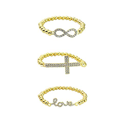 3Pcs Beaded Bracelets Stackable Brass Bead Ball Chain Bracelets Crystal Cross Infinity Love Letter Stretch Bracelet Bangles for Women Girls Holiday Valentines Jewelry-Gold