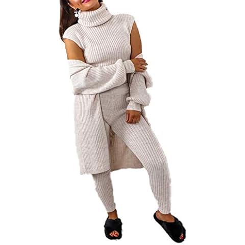 Crazy Fashion Women's 3 Piece Roll Neck Chunky Knitted Long Sleeve Top Tracksuit Ladies Ribbed Sleeveless Jumper Lounge Wear Set (Stone, UK 14) Cover