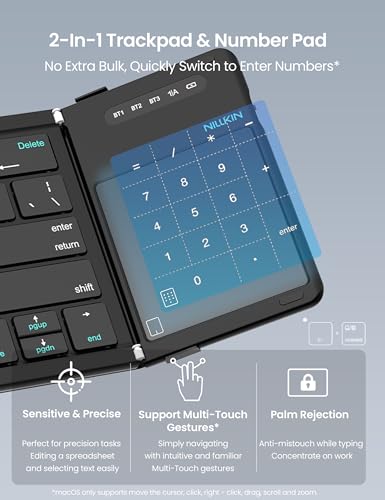 Image of Nillkin Foldable Travel Keyborad with Touchpad & Number Pad, Bluetooth Wireless Portable Folding Full Size Keyboard with Trackpad for PC Laptop iPad Tablets Smartphone, Silicone Leather Cover, Black