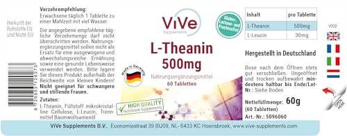 L-Theanin 500mg Tabletten - 60 Tabletten - Hochdosiert - Vegan | Qualität aus Deutschland von ViVe Supplements