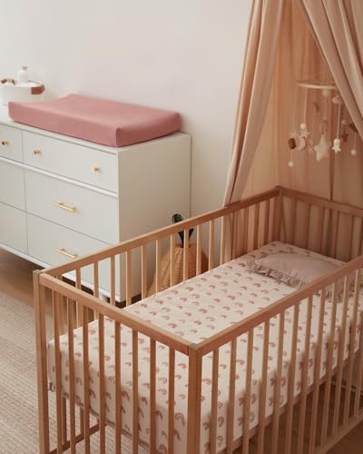 Image of Blissful Diary Muslin Crib Sheets, 2 Pack, Dusty Pink & Rainbow | fitted for 52''x28'' crib mattress, soft and breathable cotton, boho style, easy care for machine wash, gift for boy and girl