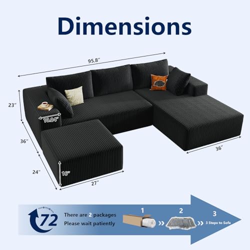 Image of 96 inch Modular Sectional Sofa with Ottoman, Modern Corduroy Cloud Couch with Deep Seat, Boneless Couch Upholstered 3-Seater U-Shaped Sofa for Living Room, No Assembly (Black, Right-Facing Chaise)