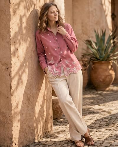 Image of Women's Cotton Embroidered Shirt Pink | Floral Embroidery Casual Shirt for Women | Button Down Full Sleeve Stylish Top