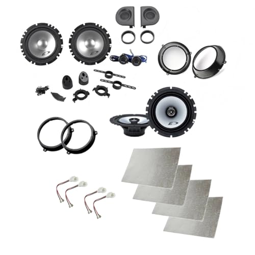 Nel kit sono presenti 4 casse per la predisposizione anteriore ( 2 woofers + 2 tweeters ) e 2 casse per la predisposizione posteriore + adattatori altoparlanti e accessori di montaggio +4 pannelli insonorizzante circa 350 mm *240 mm * 2 mm ( il colore dei pannelli può variare in base alla fornitura)