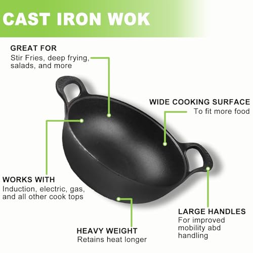 Refein Cast Iron Wok Non Stick, 30cm Induction Wok Large Capacity Deep Frying Pan with Thickened Flat Bottom, Professional Cast Iron Cookware Cooking Pot for Stir-Fry, Grilling, Cooking and Steaming - Image 6