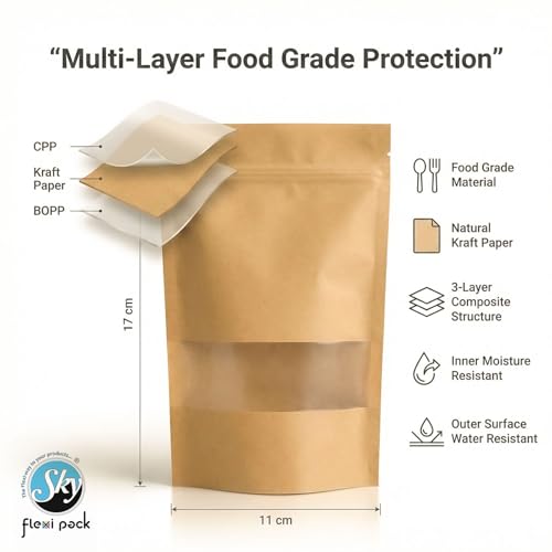 Image of Brown Kraft Paper Zip lock Stand Up Pouches | 11x17 cm | 100gm | Pack of 15 | Food Grade Storage Bags with Transparent Window | Airtight Reusable for Dry Fruits, Snacks, Spices | Self-Sealing