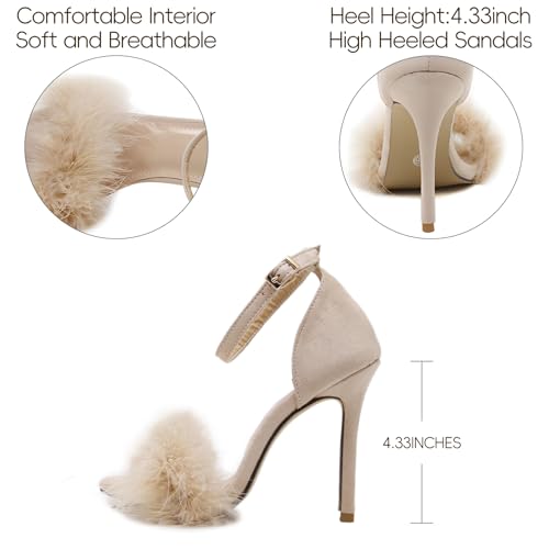 Image of Women's Sexy Heeled Sandals Fluffy Feather Open Toe Stiletto High Heels | Ankle Strap Buckle Shoes for the Bedroom Wedding Party Dance Evening Date Night Lingerie Cocktail Club Fuzzy Faux Fur