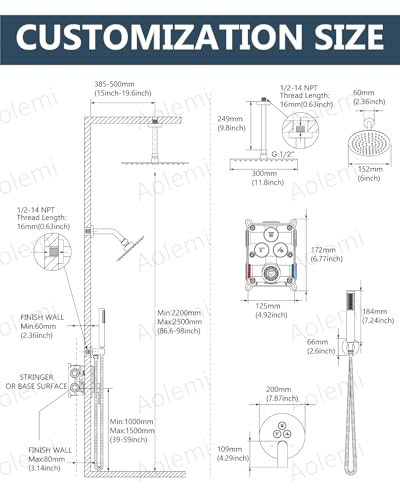 Sistema de Ducha Aolemi con Doble Cabezal 12 y 6 Pulgadas Negro Mate | con Pulverizador de Mano, Válvula y Kit de Recorte, Diverter Botón Presión, Cabezal Superior 12"+ Pared 6" Redondo Lluvia, Baño miniatura 6