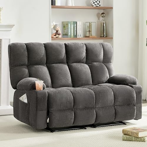 Oversized Loveseat Recliner Sofa, Big Large Reclining Sofa with Cup Holders & Side Pockets, Traditional 2-Seater Manual Recliner Couch for Living Room, RV, Home Theater (Fabric, Grey)