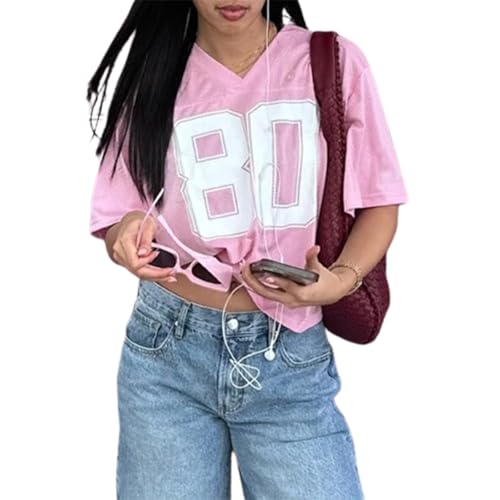 Women Y2k Oversized Jersey Summer Top Number Graphic Tee T-Shirt V Neck Short Sleeve Sport Casual Shirts Streetwear