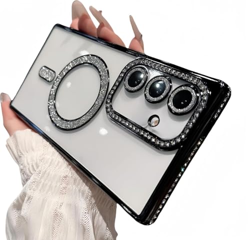 Image of for Samsung Galaxy Glitter Case,Luxury Bling Rhinestone Diamond Plated Bumper Case,MagSafe, Sparkle Camera Lens Protection Clear Back Cover (Black, for Samsung S24 Plus 5G)