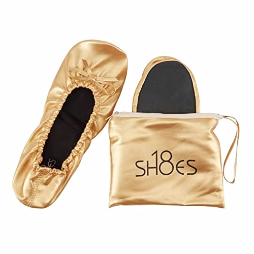 Shoes 18 Women's Foldable Portable Travel Ballet Flat Shoes w/Matching Carrying Case SH18 Gold 7/8