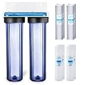 Geekpure 2 Stage Whole House Water Filter System with 20-Inch Clear Housing and 4 PP Sediment 4 Carbon Filters-1"Port