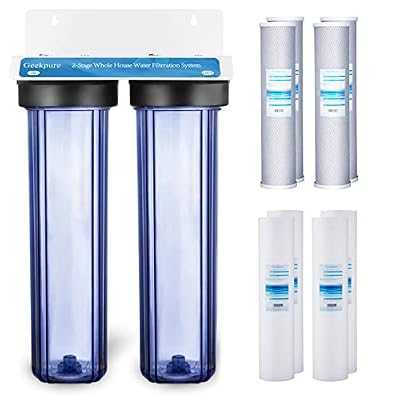 Geekpure 2 Stage Whole House Water Filter System with 20-Inch Clear Housing and 4 PP Sediment 4 Carbon Filters-1"Port