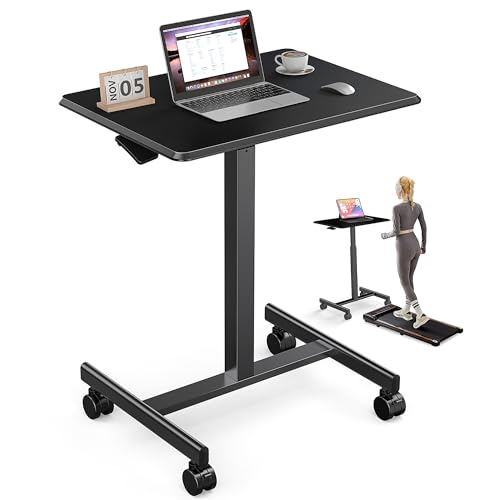 Image of DUMOS Mobile Rolling Desk with Wheels Adjustable Height Small Standing Desks Portable Laptop PC Table Computer Workstation for Home Office Small Space Modern Black