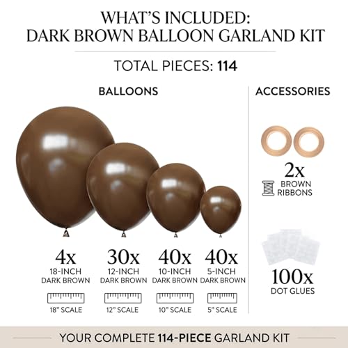 Image of Dark Brown Balloons, 114pcs Coffee Brown Latex Balloon Garland Arch Kit, 18 12 10 5 Inch Different Sizes Pack for BOHO Birthday Halloween Baby Shower Party Decorations