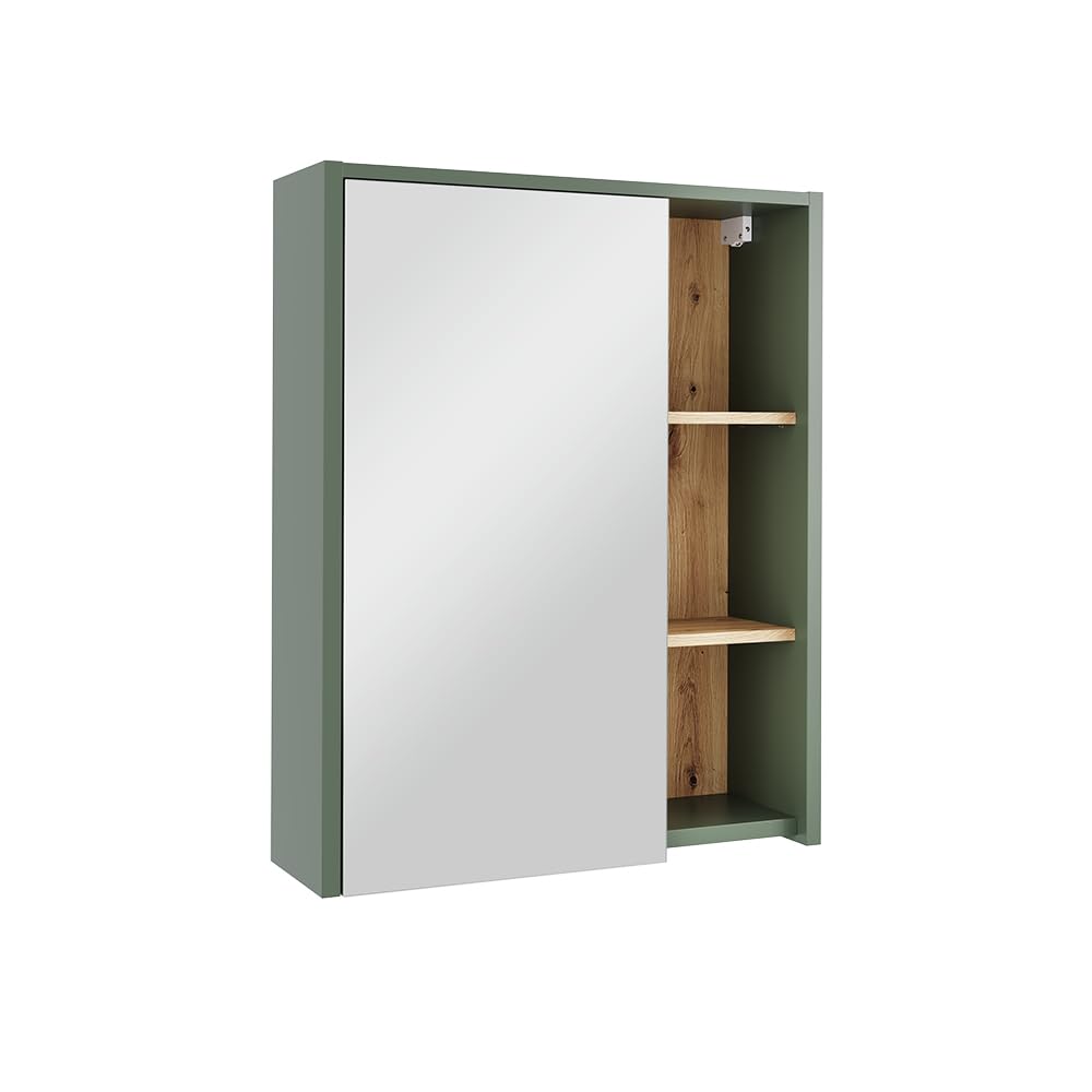 Vicco Armario con Espejo de baño Viola, Verde/Artesano, 60 x 75 cm | con estantes abiertos, apto para montaje en pared para uso en el baño