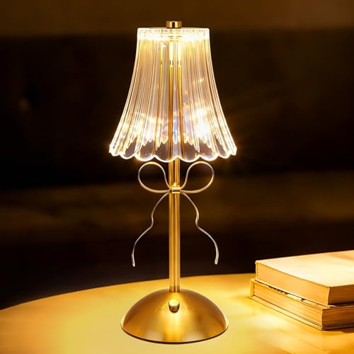 FIALAME Crystal Bow Table Lamp Gold Rechargeable Table Lamp Cordless 3 Color Dimmable LED Touch Lamps Battery Operated Desk Lamps Bow Night Light for Princess Bedroom Bedside Restaurant Kitchen Decor