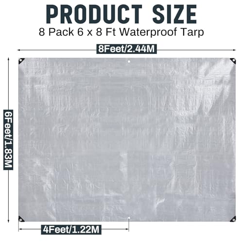 Image of 8 Pack Silver Tarps 6 x 8 ft, 5.5 Mil Waterproof Reflective Tarps, UV Resistant Sun Shade Tarp, Heavy Duty Roof Tarp for Roof Protection, Boat Cover, Rv Cover, Cars, Patio Furniture, Camping