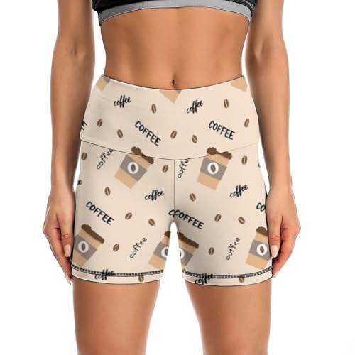 JYYAU Cartoon Coffee Pattern High Waist Yoga Shorts for Women Athletic Shorts Leggings Running Pants