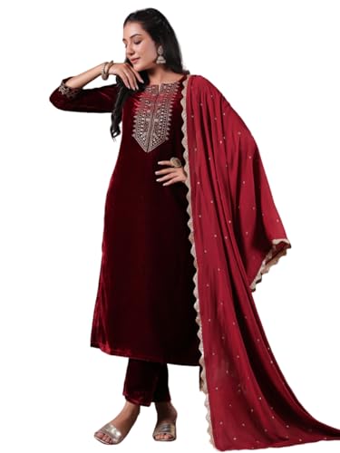 Image of ishin Women's Velvet Yoke Design Zari Maroon Straight Kurta Suit Set with Trousers & Dupatta