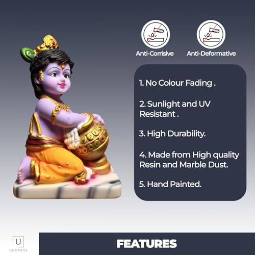 Image of UNOVATE Krishna Makhan Chor Statue Figurine Showpiece for Home Temple, Living Room & Pooja Decor | Lord Krishna Idol Showpiece for Housewarming Gift for Janmashtmi (Purple Finish)