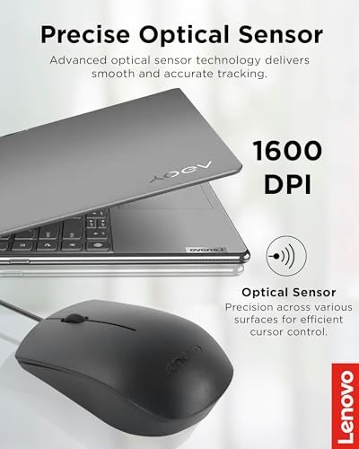 Image of Lenovo USB-C Wired Mouse, Full Size, Ambidextrous Design, Black, Ergonomic Shape, Precision Sensor, Plug-and-Play for Right and Left-Handed Users, Durable Performance Gaming PC